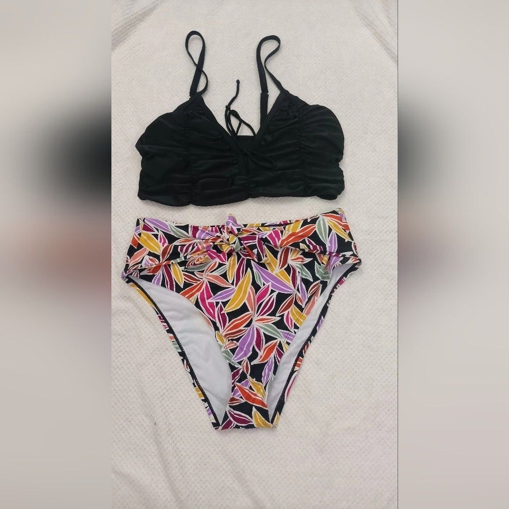 Bikini Women's Plus Size XL Black Palm Print Halter High Waist 2 Piece NEW 2027